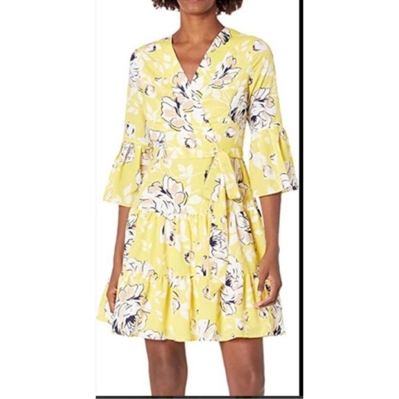 Eliza J Faux Wrap Chiffon Mini Flounce Dress in Yellow Floral - Size 6 - Picture 1 of 11